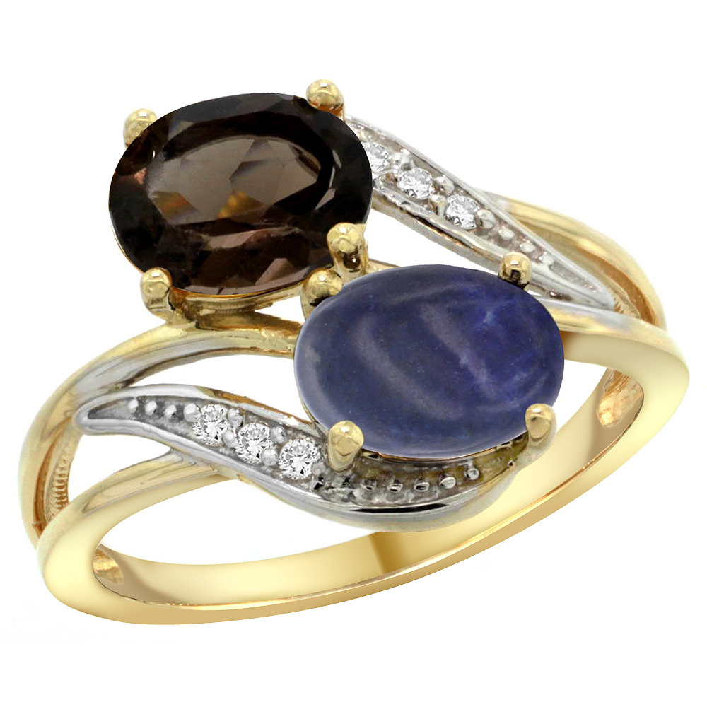 10K Yellow Gold Diamond Natural Smoky Topaz & Lapis 2-stone Ring Oval 8x6mm, sizes 5 - 10