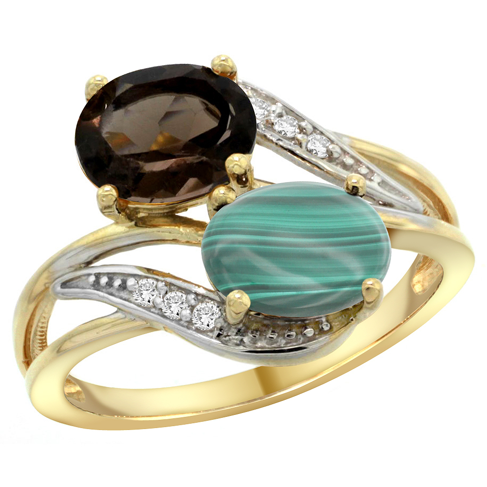 10K Yellow Gold Diamond Natural Smoky Topaz & Malachite 2-stone Ring Oval 8x6mm, sizes 5 - 10