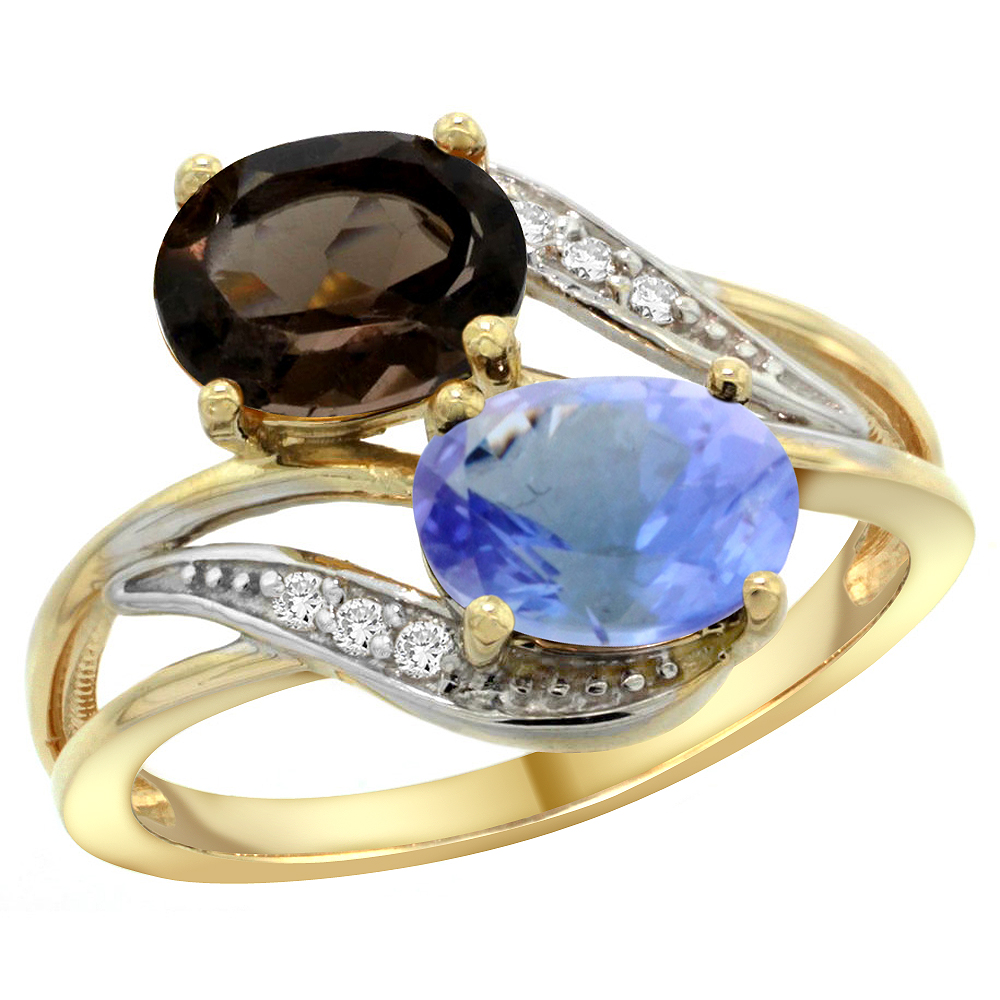 10K Yellow Gold Diamond Natural Smoky Topaz & Tanzanite 2-stone Ring Oval 8x6mm, sizes 5 - 10