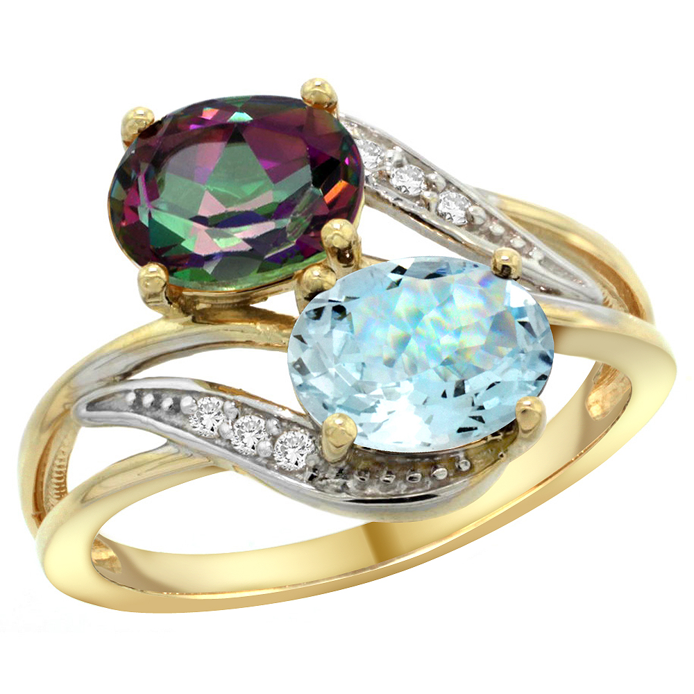 10K Yellow Gold Diamond Natural Mystic Topaz & Aquamarine 2-stone Ring Oval 8x6mm, sizes 5 - 10