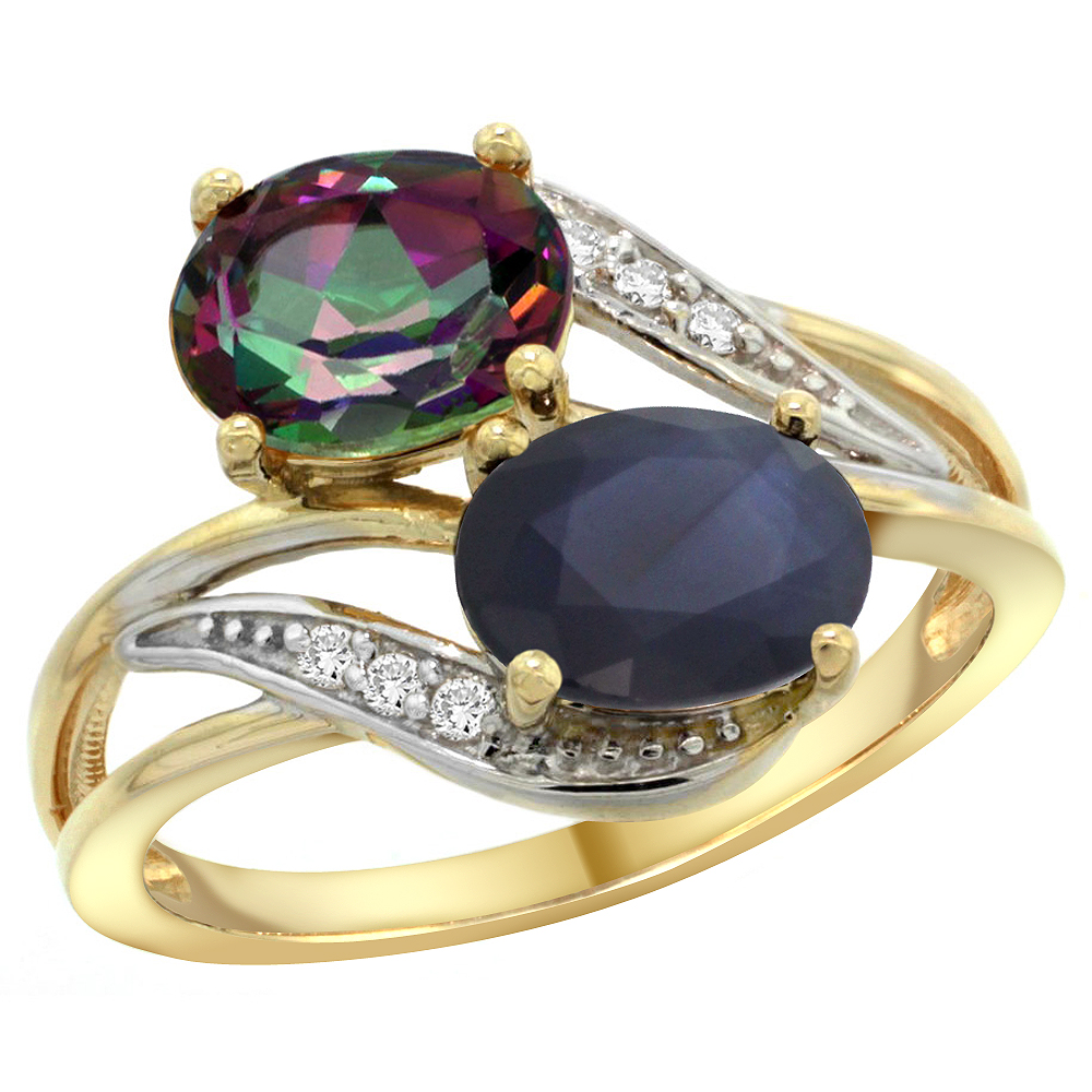 10K Yellow Gold Diamond Natural Mystic Topaz & Blue Sapphire 2-stone Ring Oval 8x6mm, sizes 5 - 10