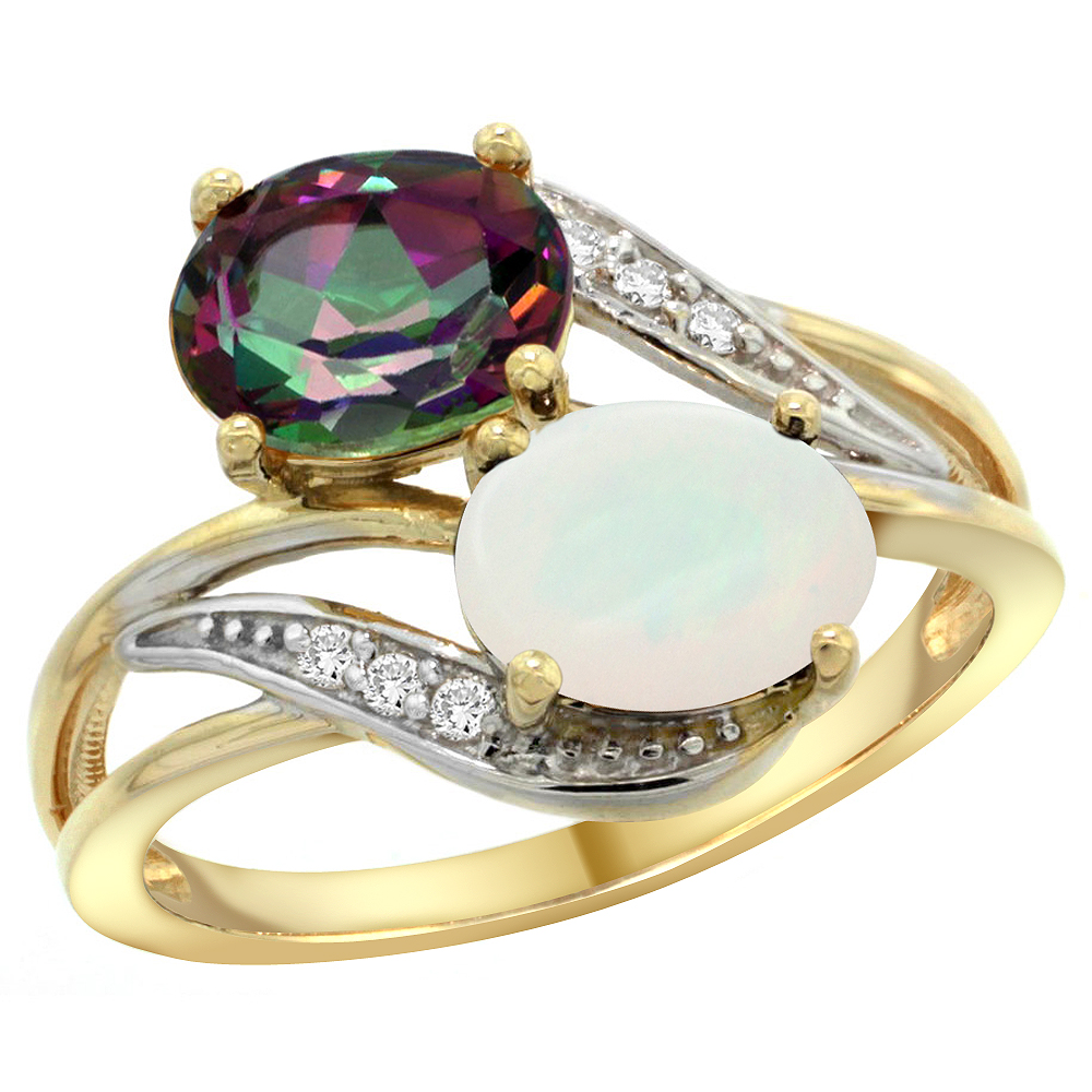 10K Yellow Gold Diamond Natural Mystic Topaz & Opal 2-stone Ring Oval 8x6mm, sizes 5 - 10
