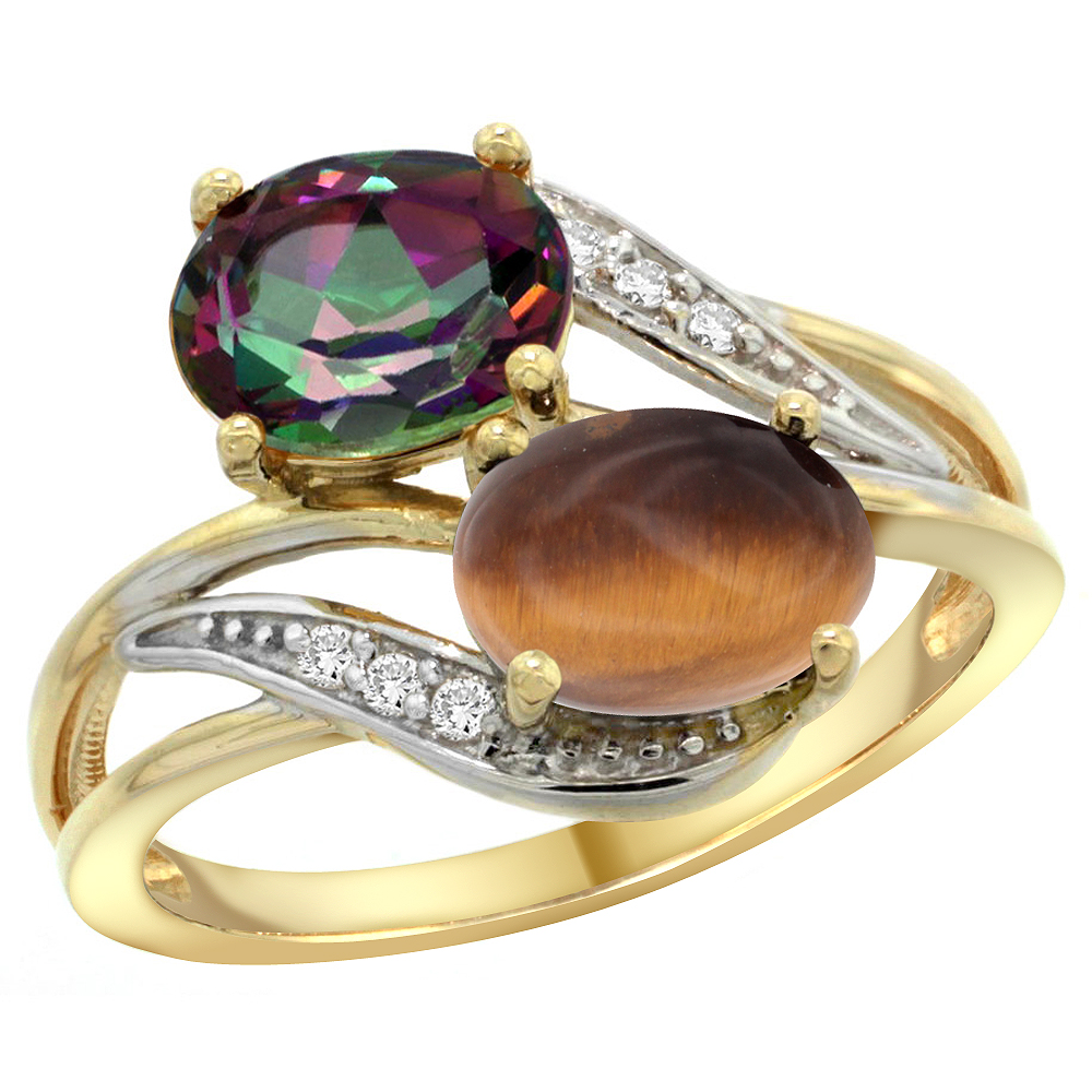 10K Yellow Gold Diamond Natural Mystic Topaz & Tiger Eye 2-stone Ring Oval 8x6mm, sizes 5 - 10