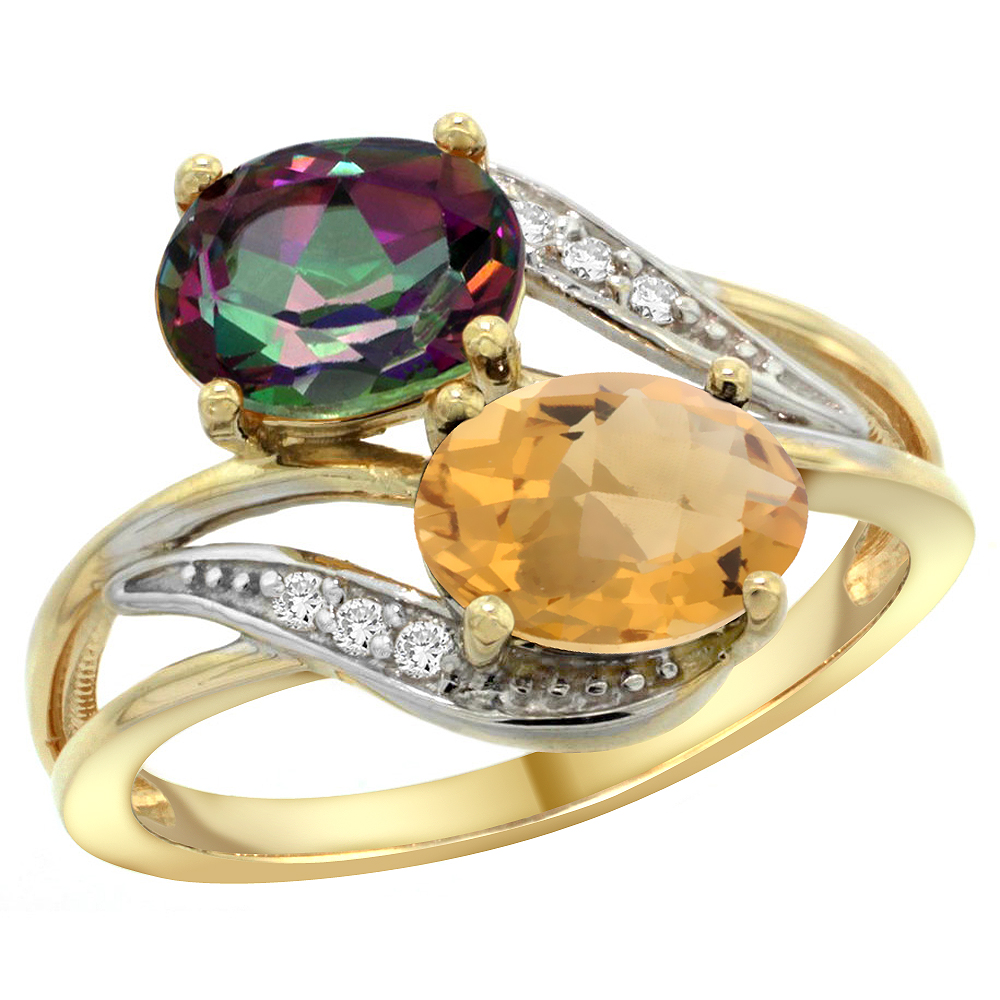 10K Yellow Gold Diamond Natural Mystic Topaz & Whisky Quartz 2-stone Ring Oval 8x6mm, sizes 5 - 10