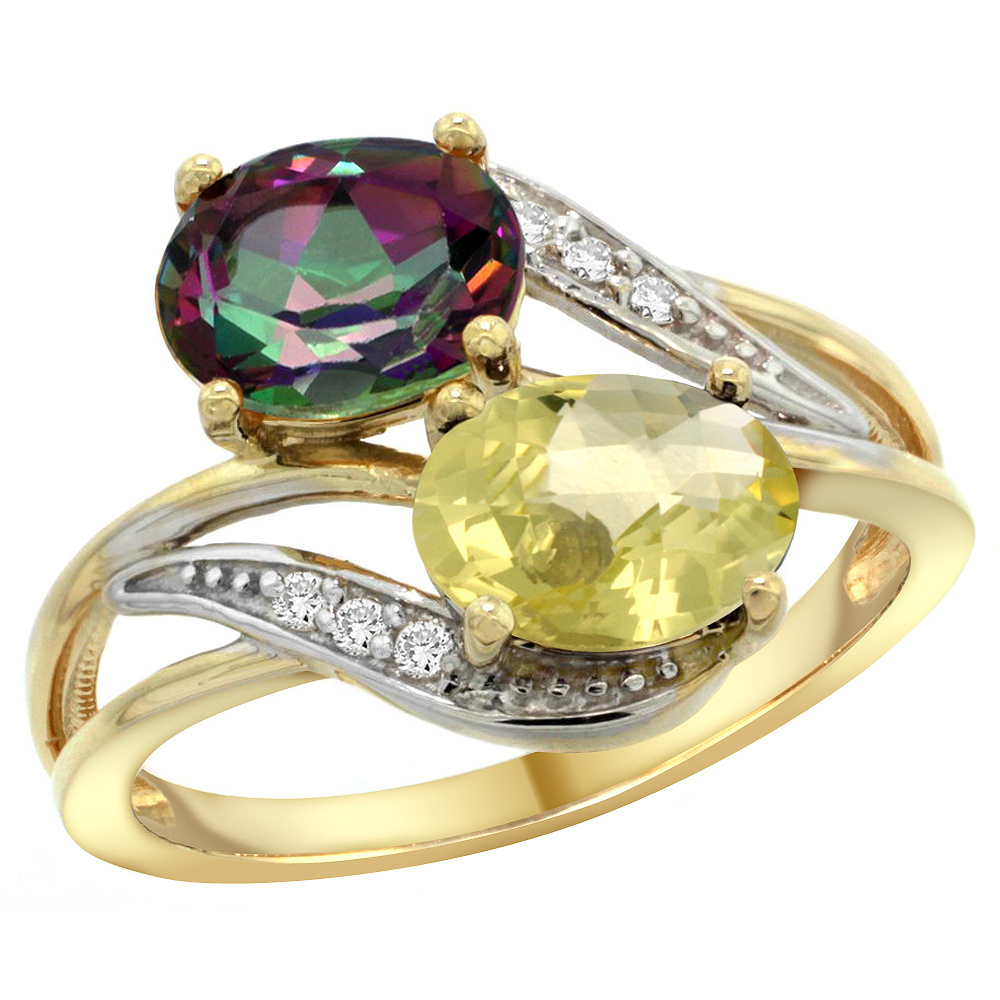 10K Yellow Gold Diamond Natural Mystic Topaz & Lemon Quartz 2-stone Ring Oval 8x6mm, sizes 5 - 10