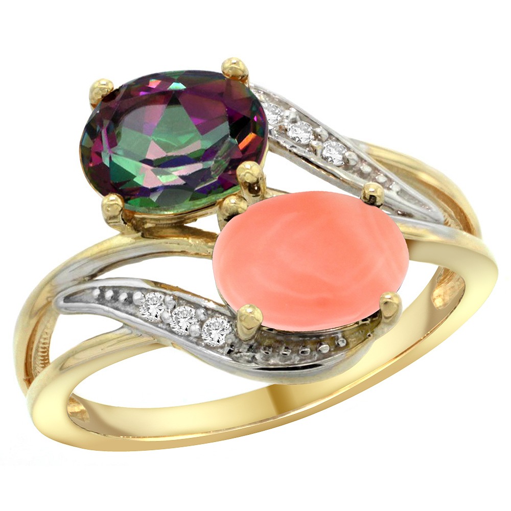 10K Yellow Gold Diamond Natural Mystic Topaz & Coral 2-stone Ring Oval 8x6mm, sizes 5 - 10