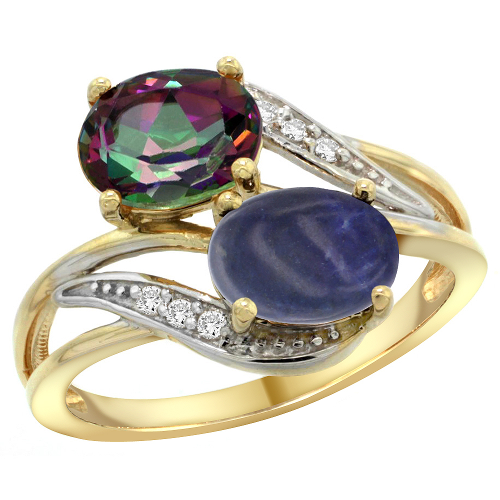 10K Yellow Gold Diamond Natural Mystic Topaz & Lapis 2-stone Ring Oval 8x6mm, sizes 5 - 10