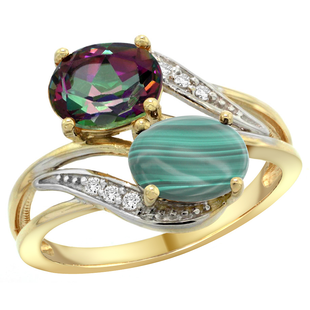 10K Yellow Gold Diamond Natural Mystic Topaz & Malachite 2-stone Ring Oval 8x6mm, sizes 5 - 10