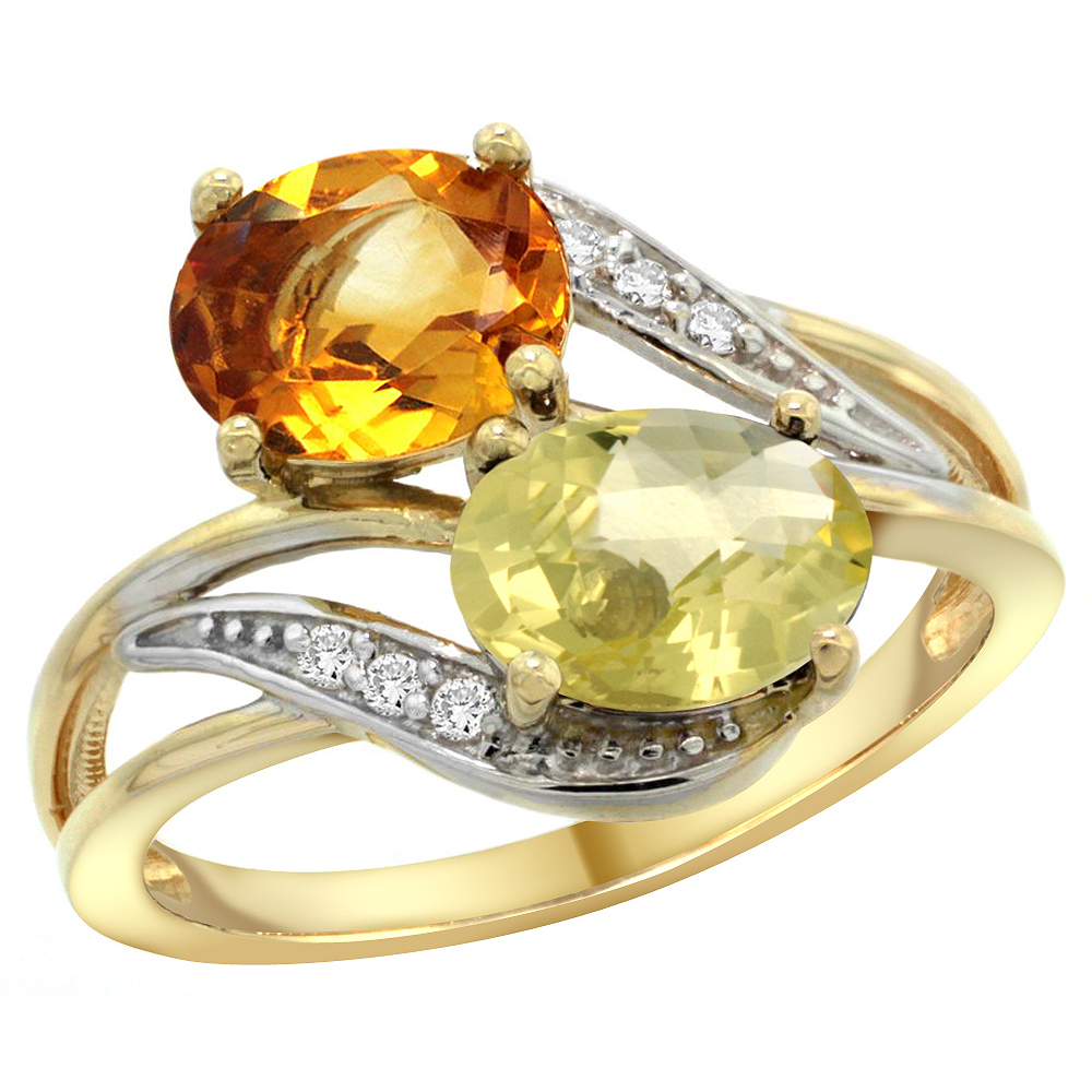 10K Yellow Gold Diamond Natural Citrine & Lemon Quartz 2-stone Ring Oval 8x6mm, sizes 5 - 10