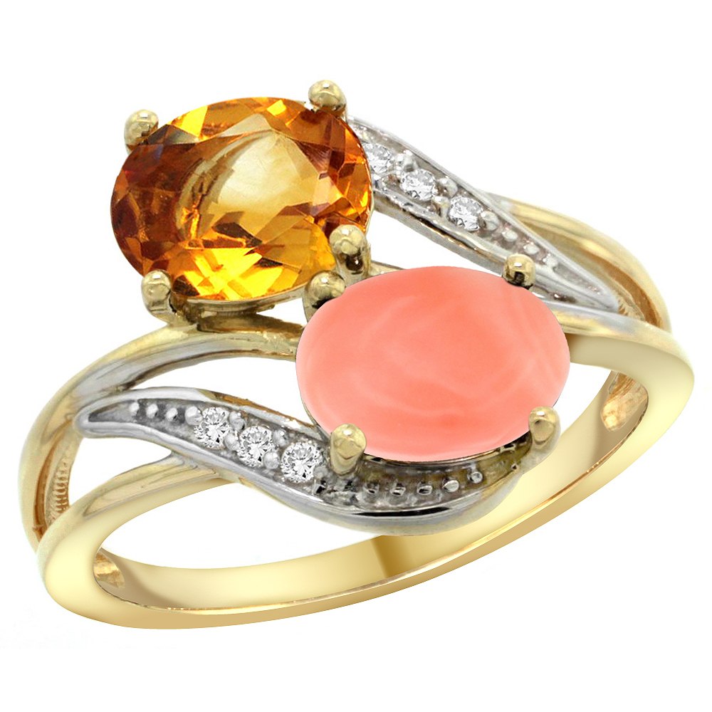 10K Yellow Gold Diamond Natural Citrine & Coral 2-stone Ring Oval 8x6mm, sizes 5 - 10