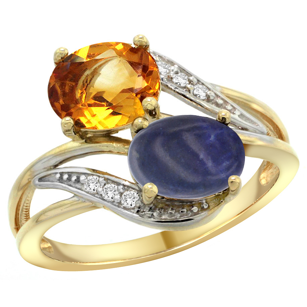 10K Yellow Gold Diamond Natural Citrine & Lapis 2-stone Ring Oval 8x6mm, sizes 5 - 10