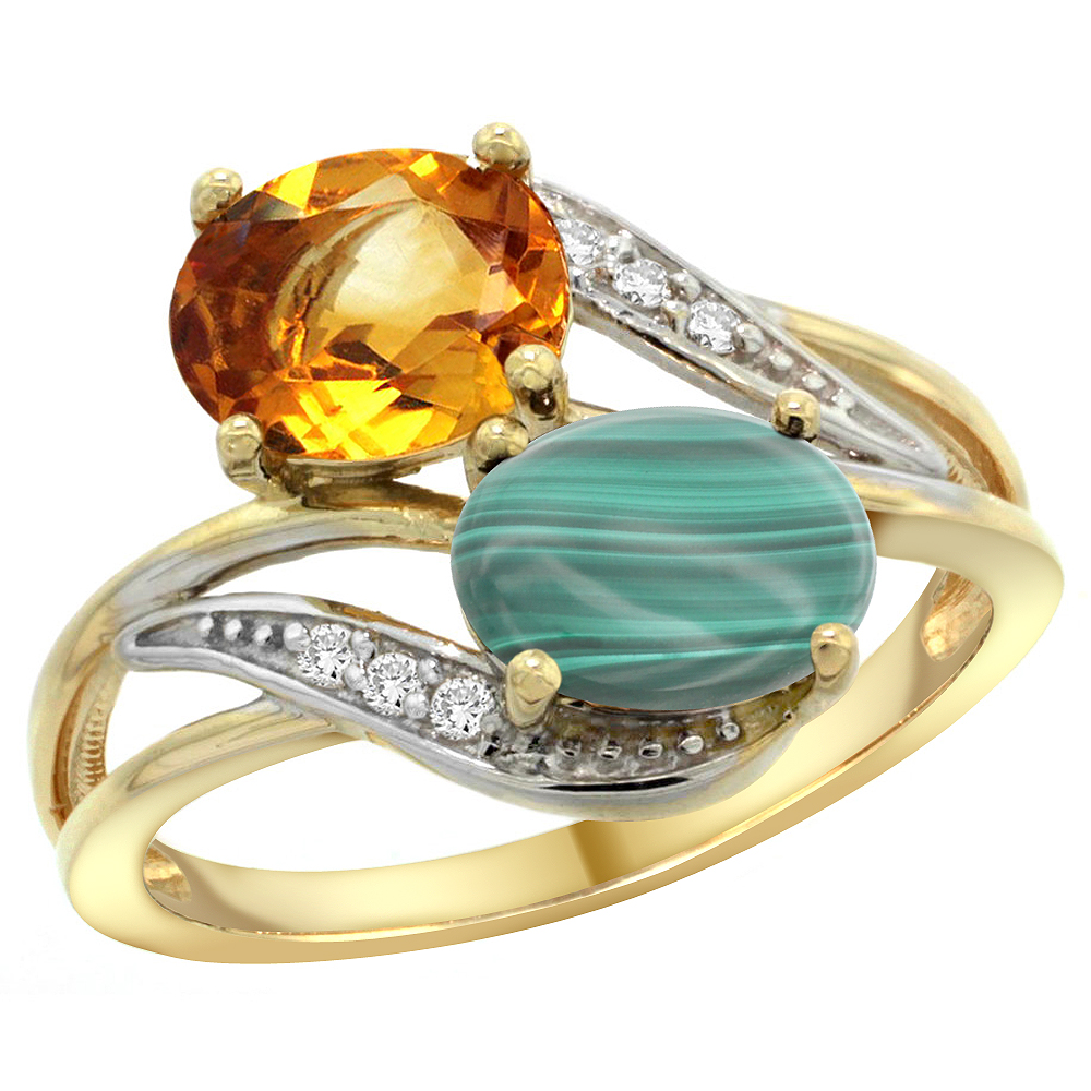10K Yellow Gold Diamond Natural Citrine & Malachite 2-stone Ring Oval 8x6mm, sizes 5 - 10