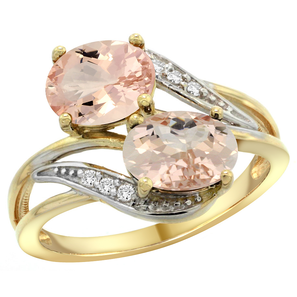 10K Yellow Gold Diamond Natural Morganite 2-stone Ring Oval 8x6mm, sizes 5 - 10
