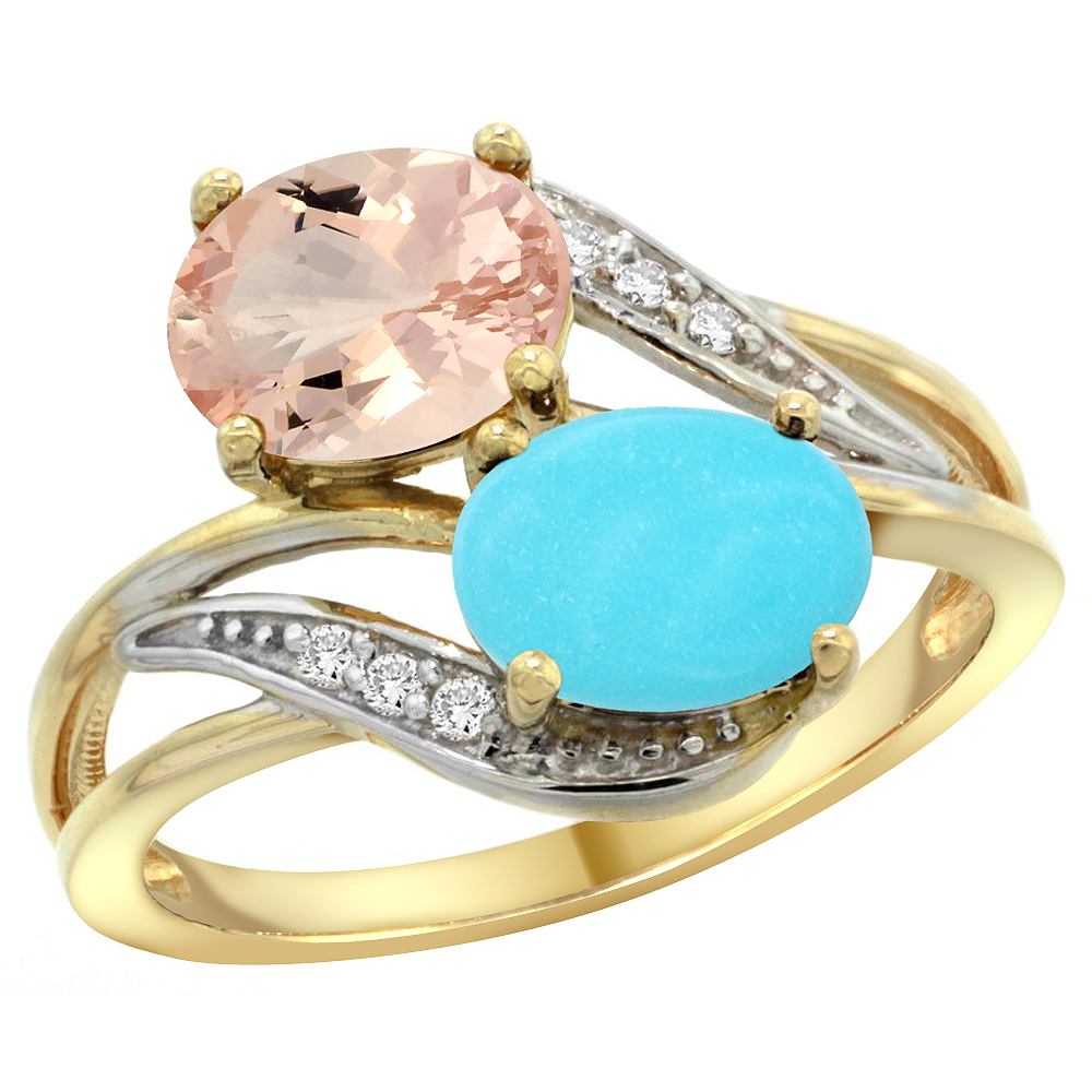 10K Yellow Gold Diamond Natural Morganite & Turquoise 2-stone Ring Oval 8x6mm, sizes 5 - 10