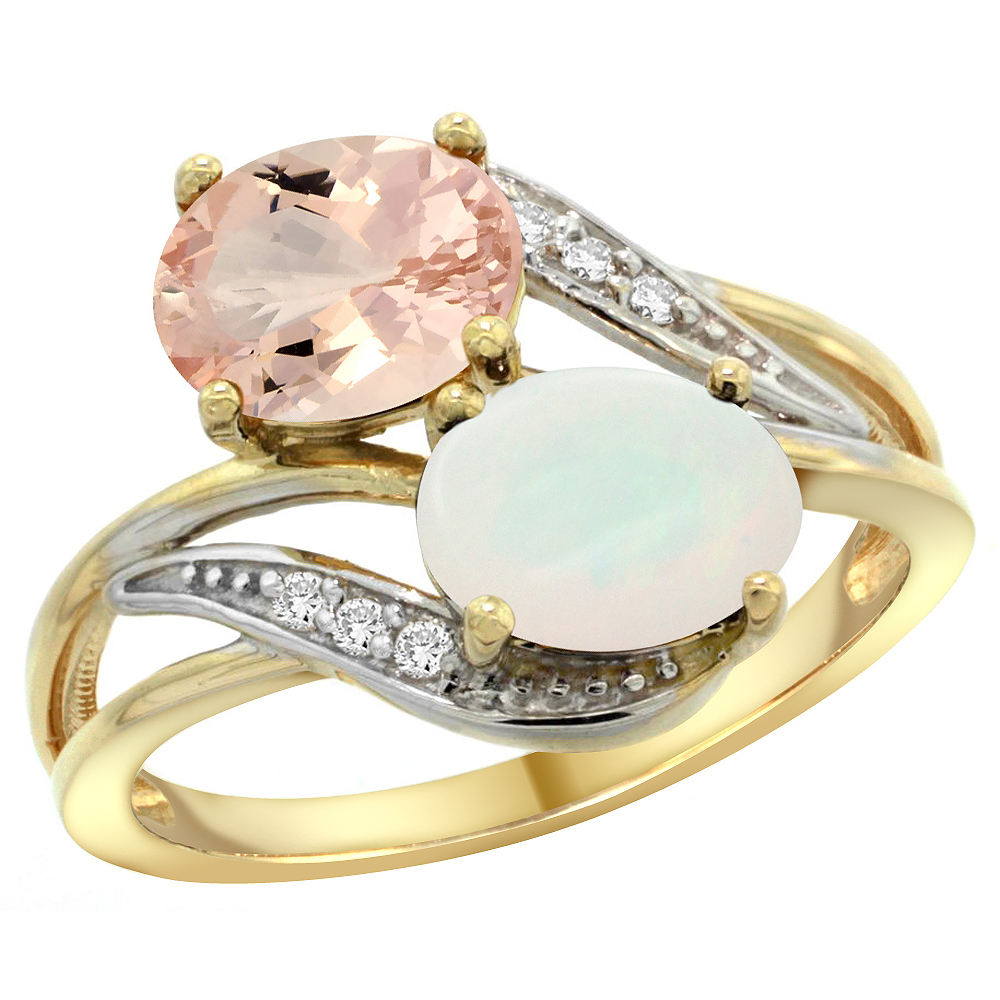 10K Yellow Gold Diamond Natural Morganite & Opal 2-stone Ring Oval 8x6mm, sizes 5 - 10