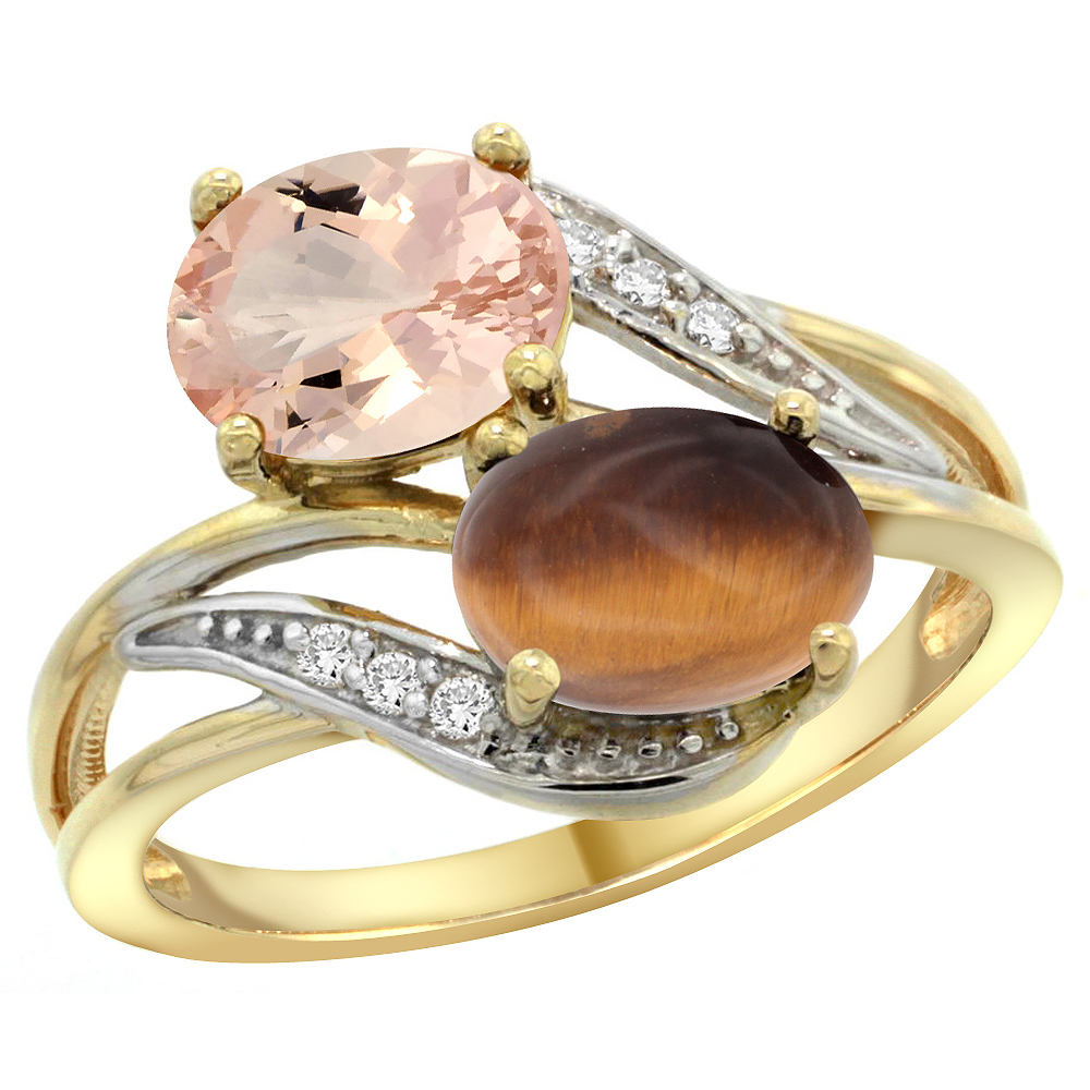 10K Yellow Gold Diamond Natural Morganite & Tiger Eye 2-stone Ring Oval 8x6mm, sizes 5 - 10