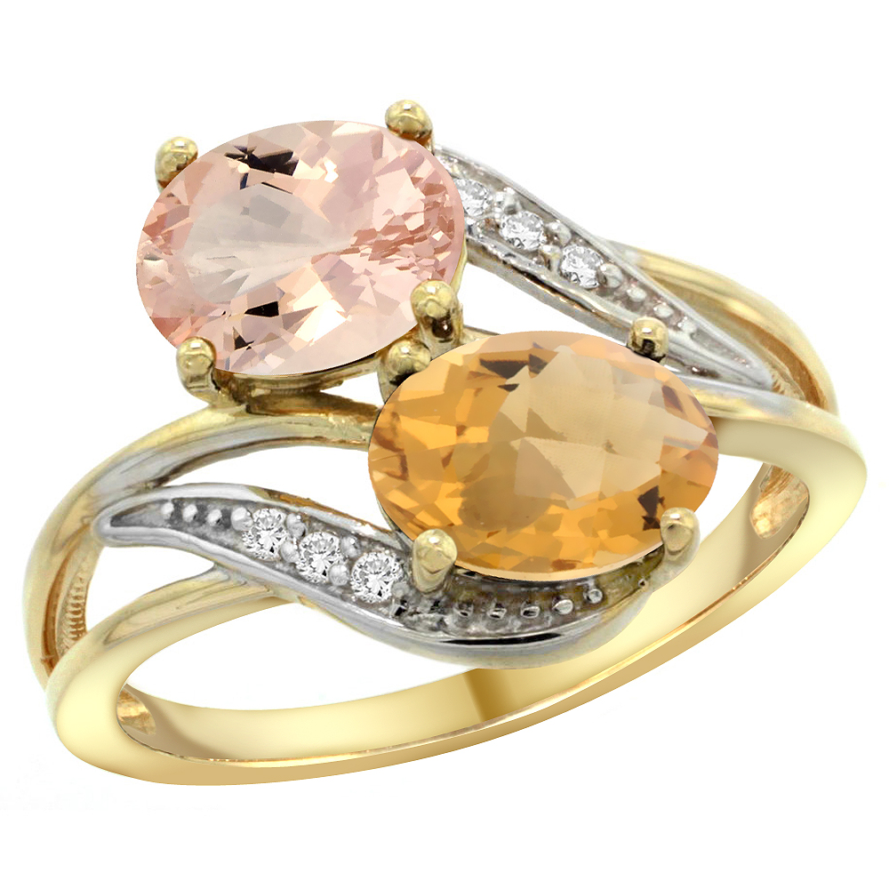 10K Yellow Gold Diamond Natural Morganite & Whisky Quartz 2-stone Ring Oval 8x6mm, sizes 5 - 10