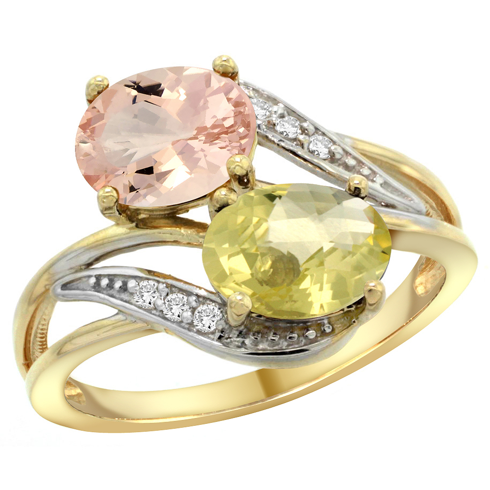 10K Yellow Gold Diamond Natural Morganite & Lemon Quartz 2-stone Ring Oval 8x6mm, sizes 5 - 10