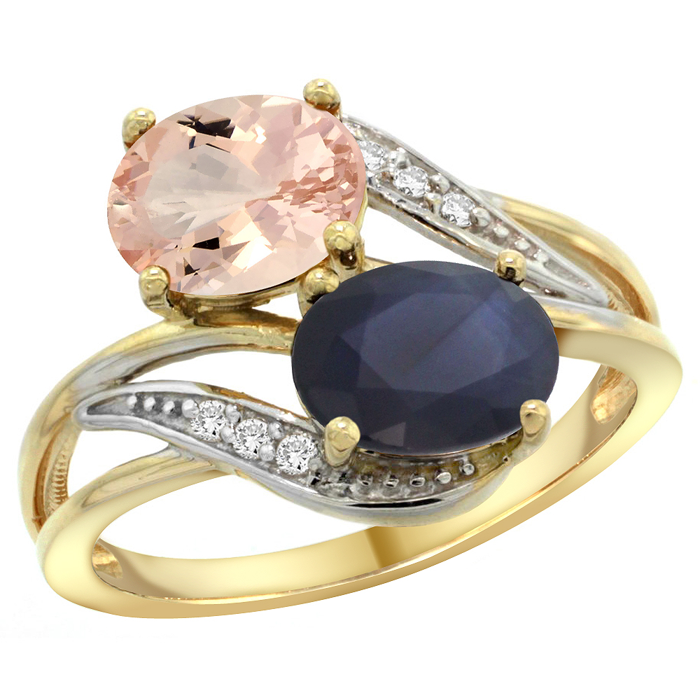 10K Yellow Gold Diamond Natural Morganite & Australian Sapphire 2-stone Ring Oval 8x6mm, sizes 5 - 10