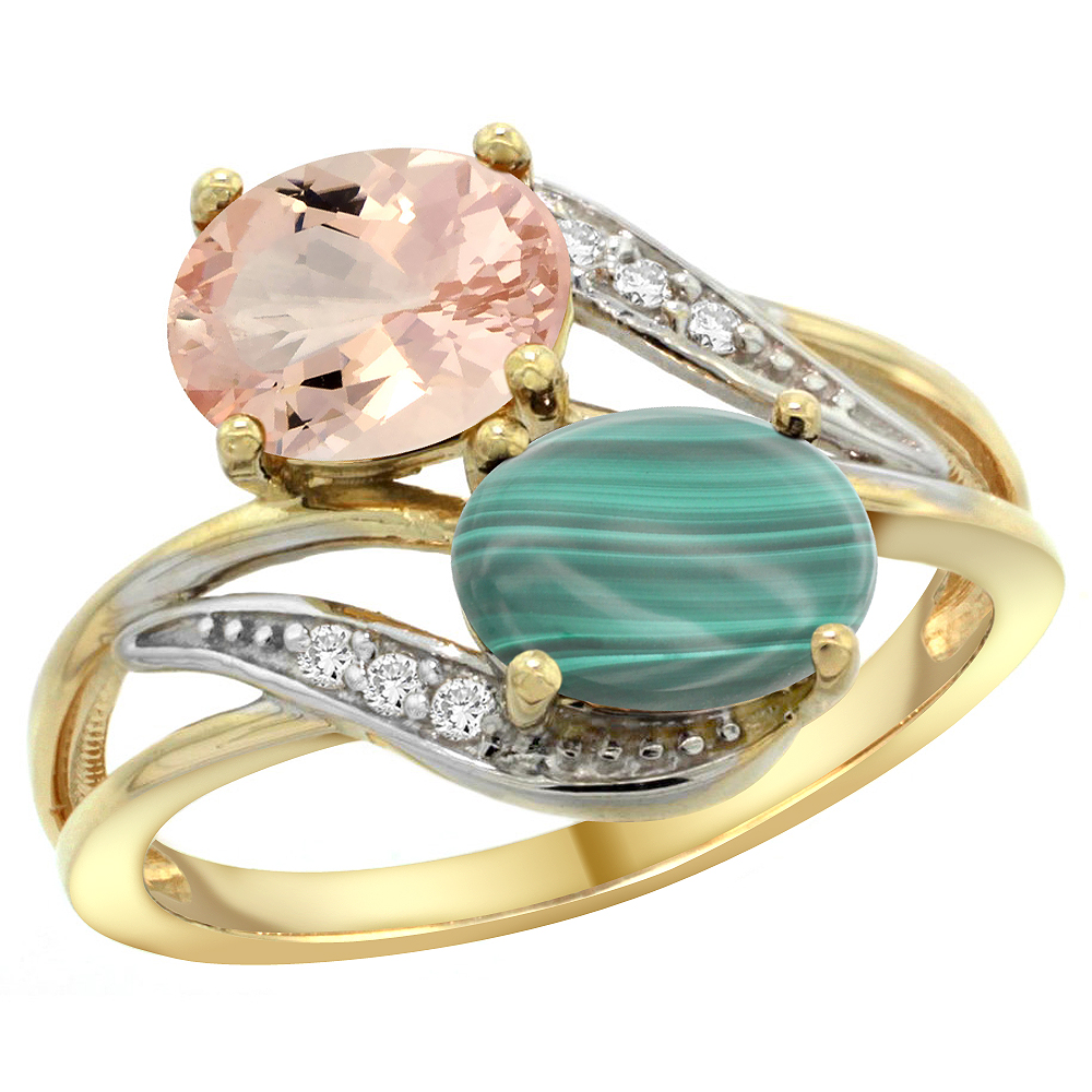 10K Yellow Gold Diamond Natural Morganite & Malachite 2-stone Ring Oval 8x6mm, sizes 5 - 10