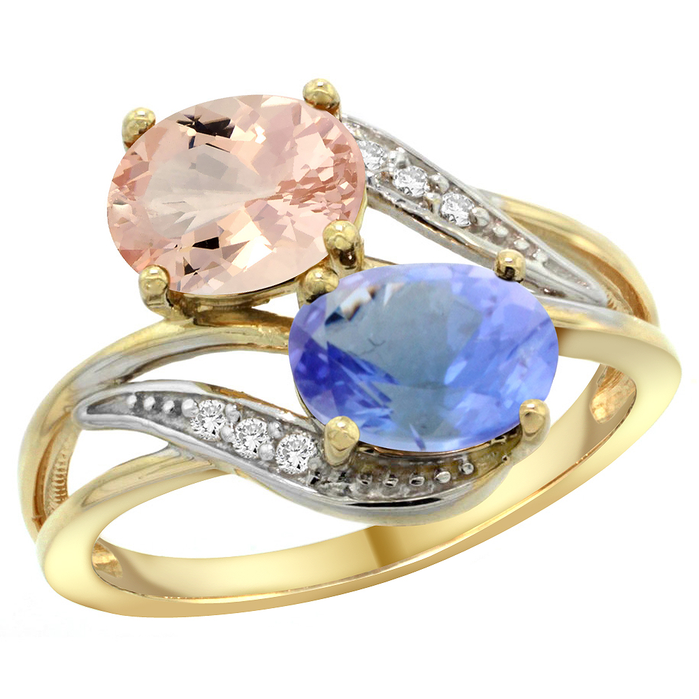 10K Yellow Gold Diamond Natural Morganite & Tanzanite 2-stone Ring Oval 8x6mm, sizes 5 - 10