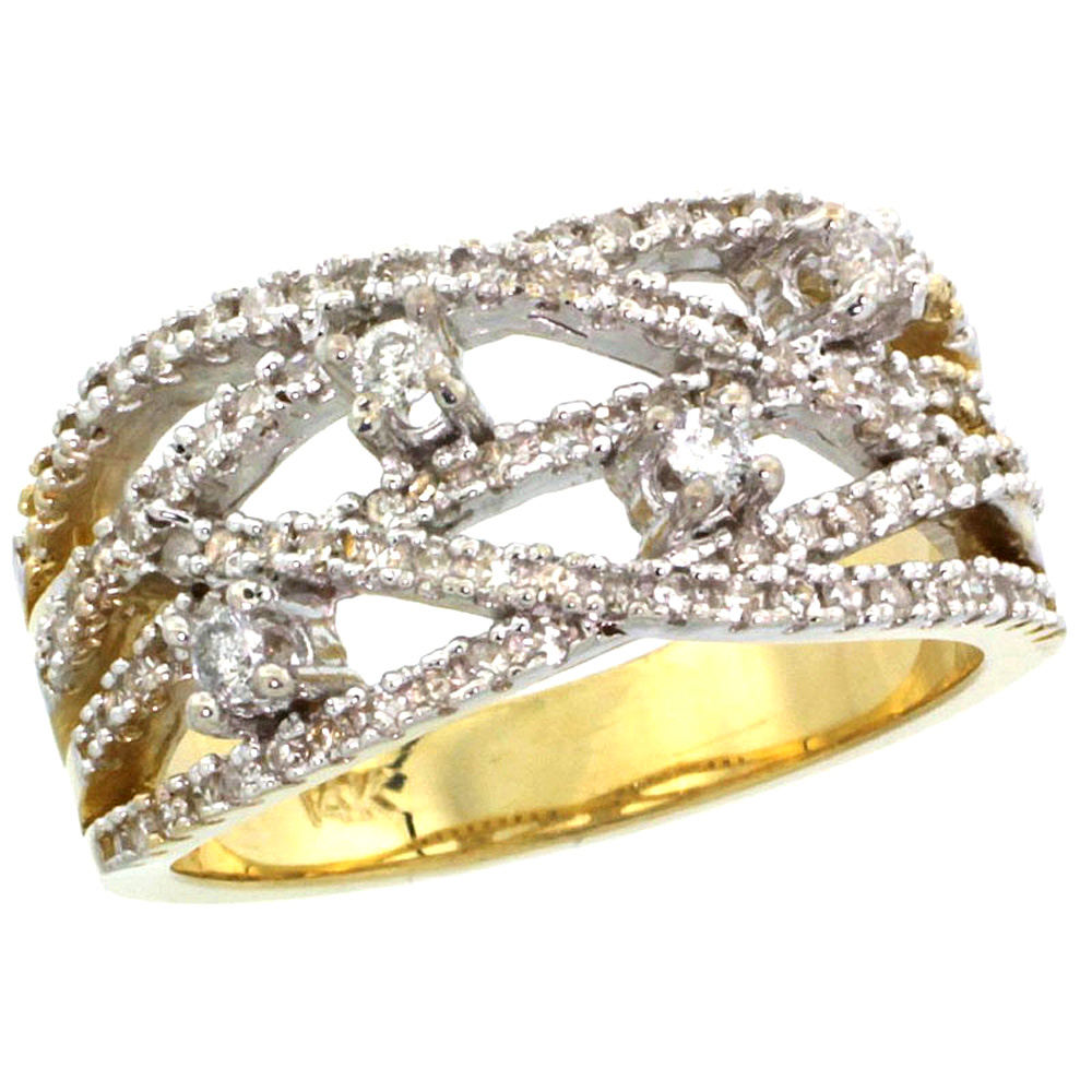 14k Yellow Gold Diamond Braided Ring 0.6 ct Brilliant Cut 3/8 inch wide, size 5-10