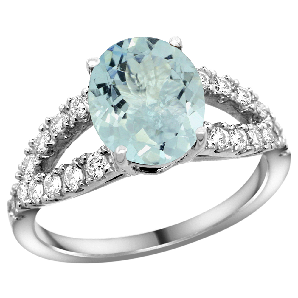 14k White Gold Natural Aquamarine Ring Oval 10x8mm Diamond Accent, 3/8inch wide, sizes 5 - 10