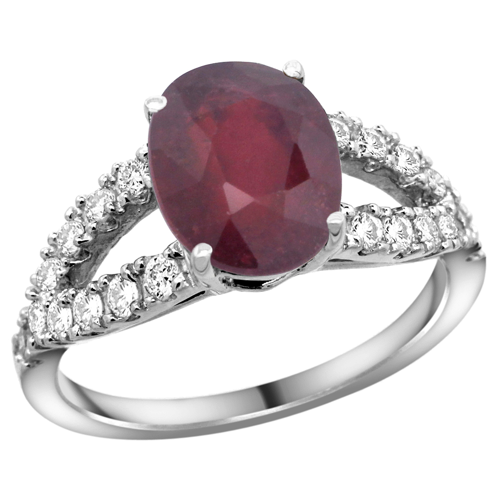 14k White Gold Natural Enhanced Ruby Ring Oval 10x8mm Diamond Accent, 3/8inch wide, sizes 5 - 10