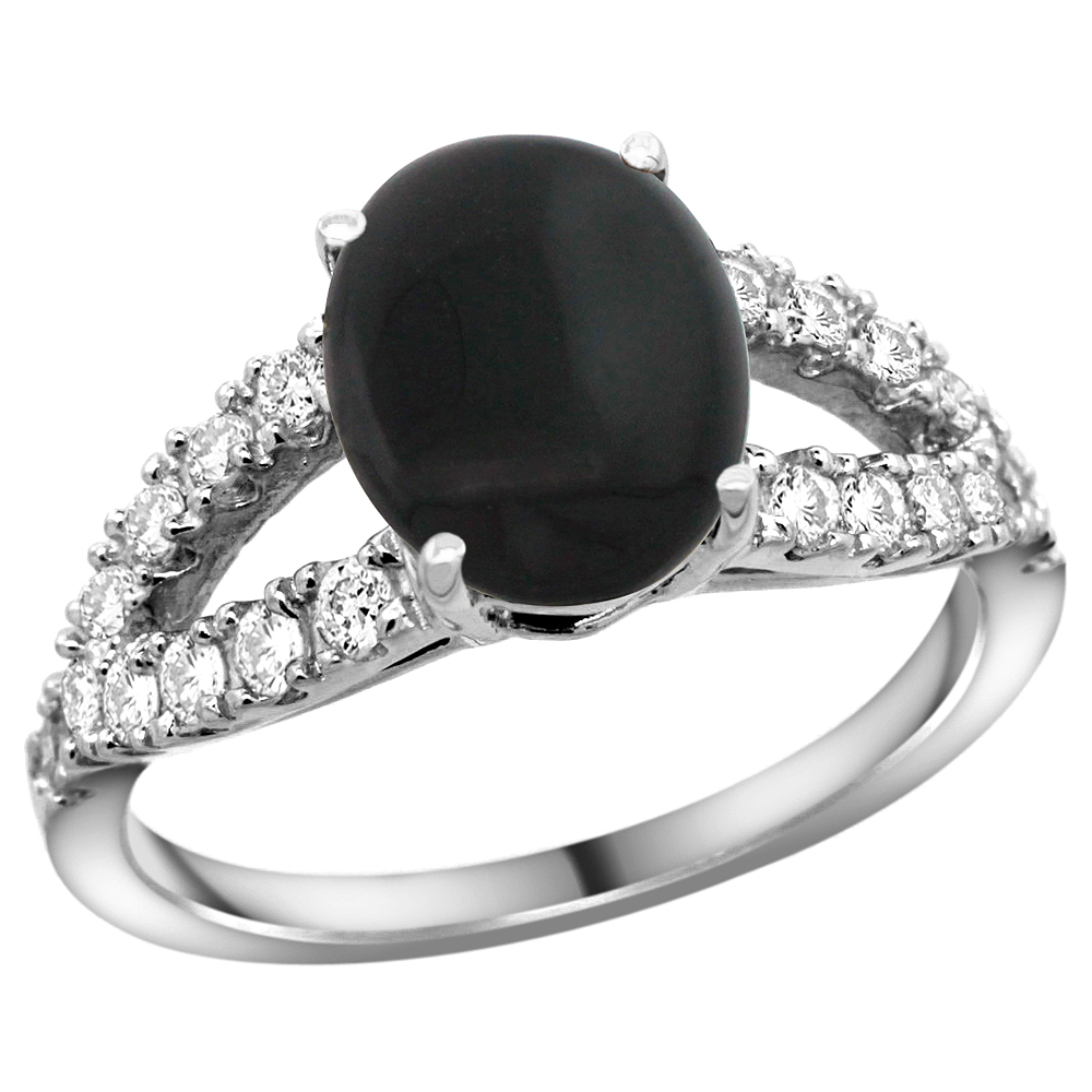 14k White Gold Natural Black Onyx Ring Oval 10x8mm Diamond Accent, 3/8inch wide, sizes 5 - 10