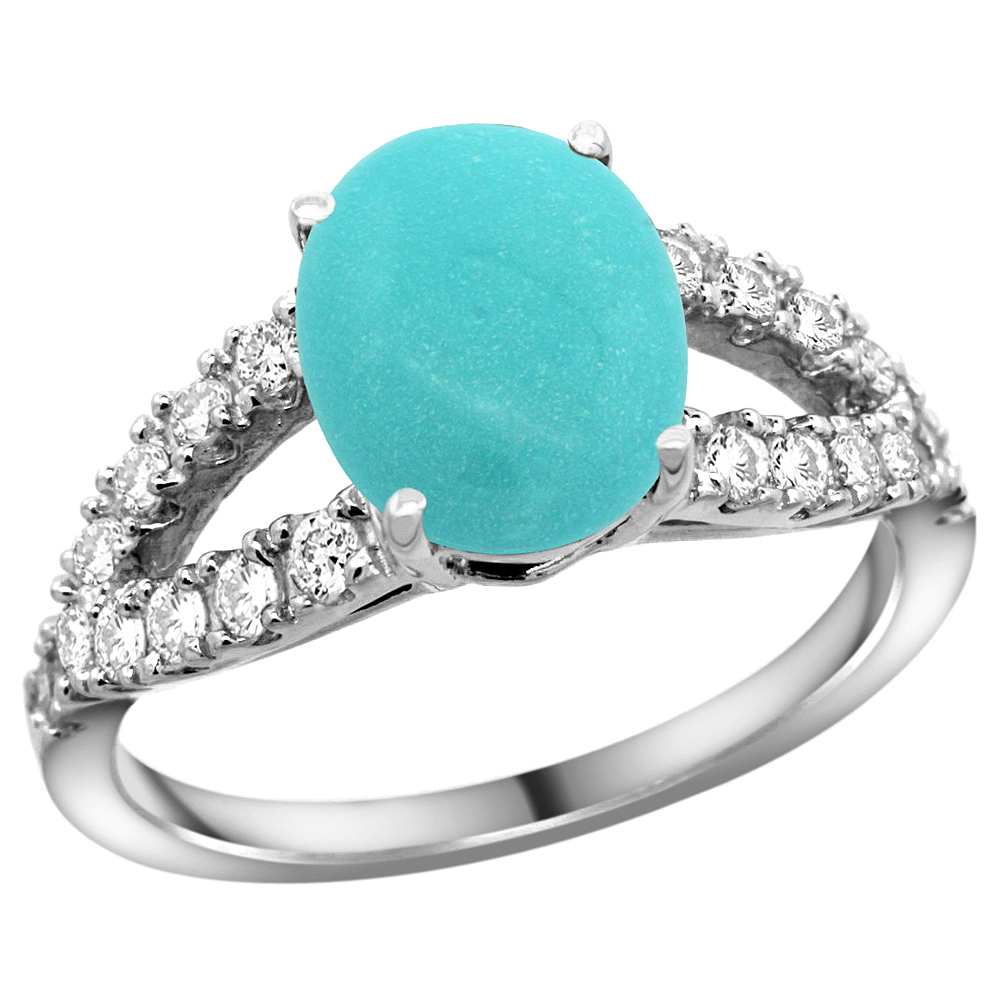 14k White Gold Natural Turquoise Ring Oval 10x8mm Diamond Accent, 3/8inch wide, sizes 5 - 10