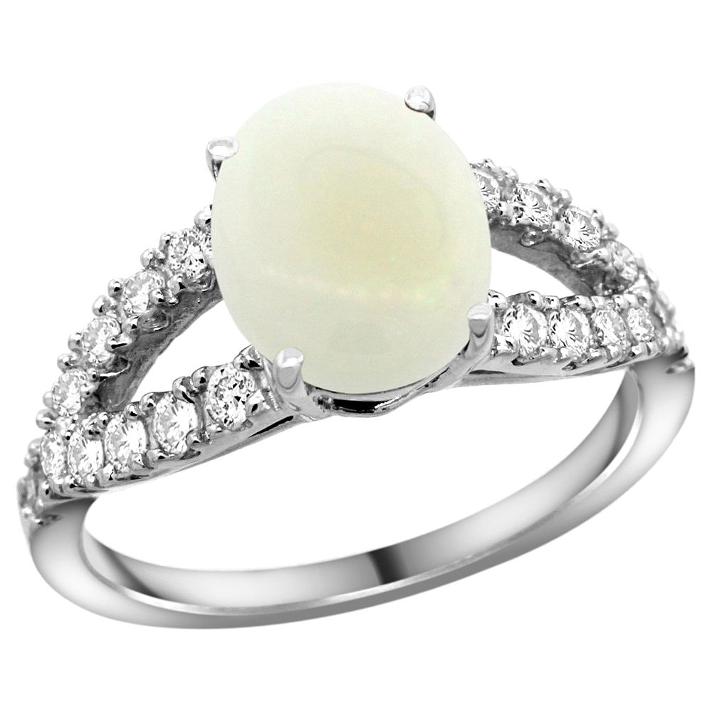 14k White Gold Natural Opal Ring Oval 10x8mm Diamond Accent, 3/8inch wide, sizes 5 - 10