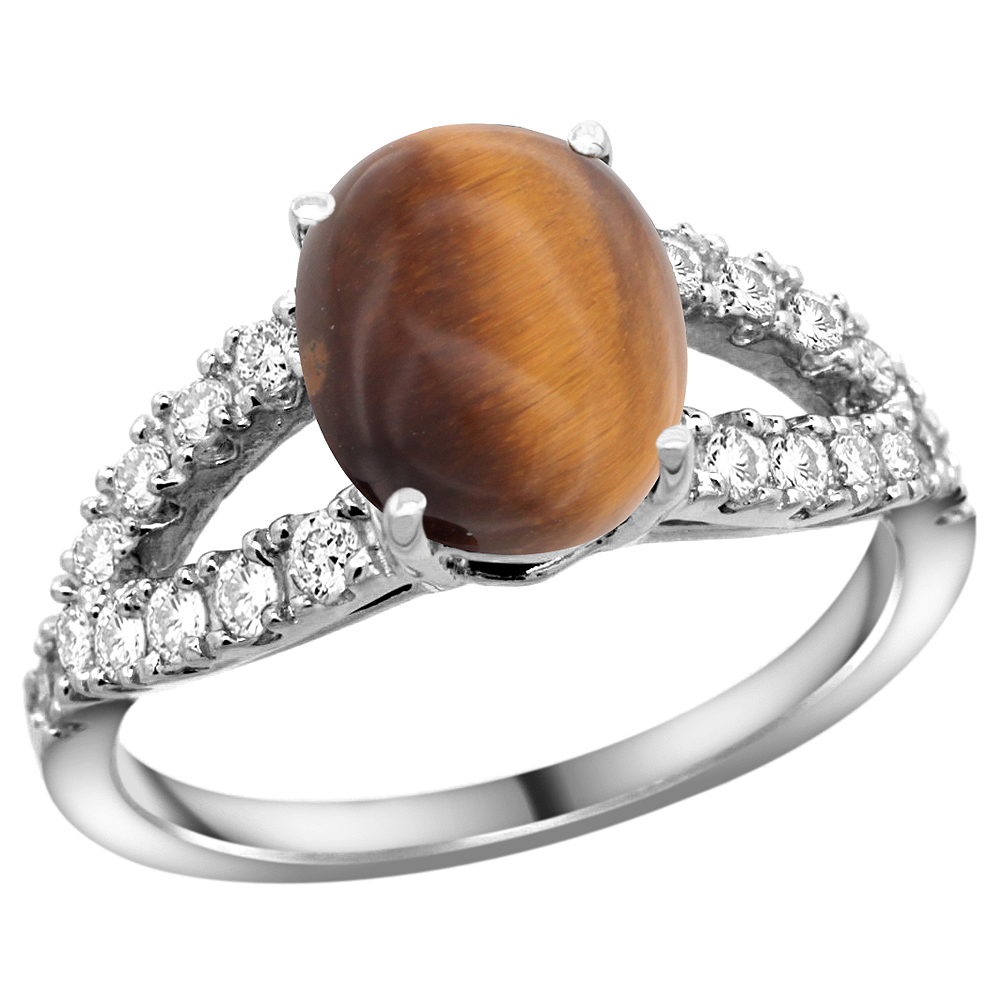 14k White Gold Natural Tiger Eye Ring Oval 10x8mm Diamond Accent, 3/8inch wide, sizes 5 - 10