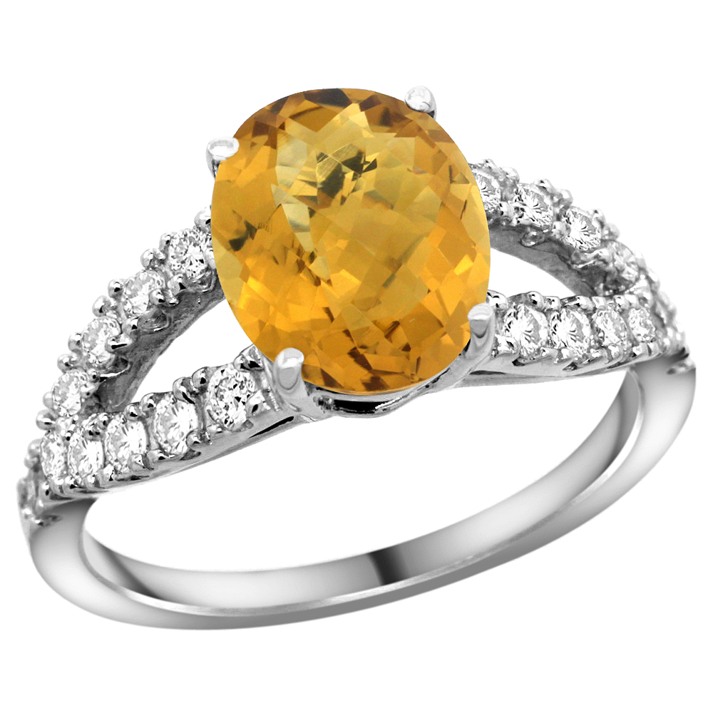 14k White Gold Natural Whisky Quartz Ring Oval 10x8mm Diamond Accent, 3/8inch wide, sizes 5 - 10