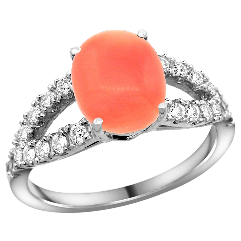14k White Gold Natural Coral Ring Oval 10x8mm Diamond Accent, 3/8inch wide, sizes 5 - 10