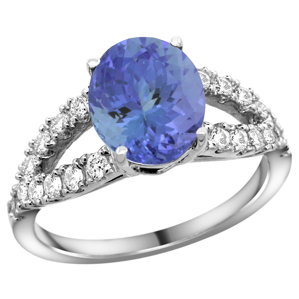 14k White Gold Natural Tanzanite Ring Oval 10x8mm Diamond Accent, 3/8inch wide, sizes 5 - 10