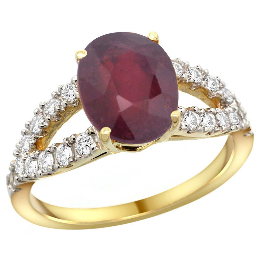 14k Yellow Gold Natural Enhanced Ruby Ring Oval 10x8mm Diamond Accent, 3/8inch wide, sizes 5 - 10