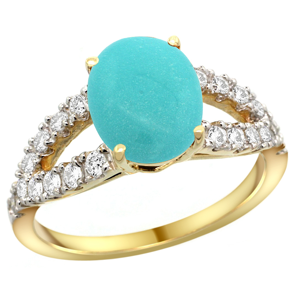 14k Yellow Gold Natural Turquoise Ring Oval 10x8mm Diamond Accent, 3/8inch wide, sizes 5 - 10