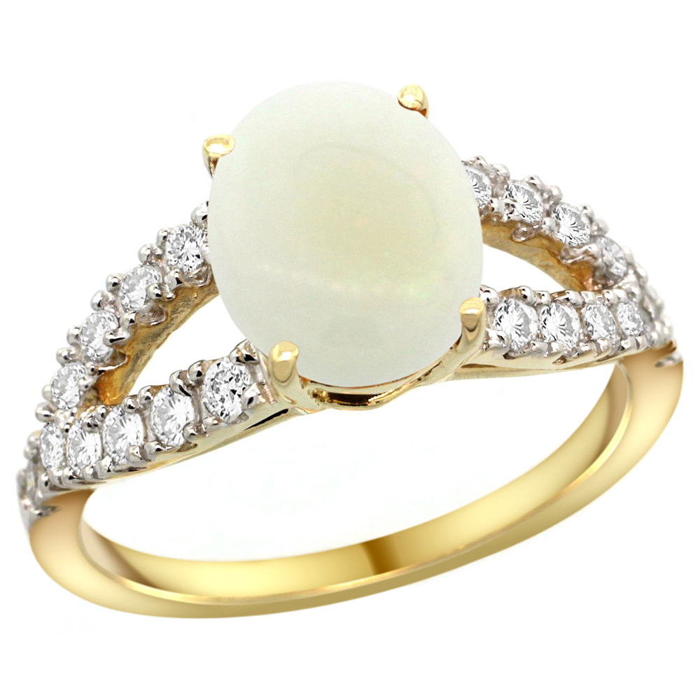 14k Yellow Gold Natural Opal Ring Oval 10x8mm Diamond Accent, 3/8inch wide, sizes 5 - 10
