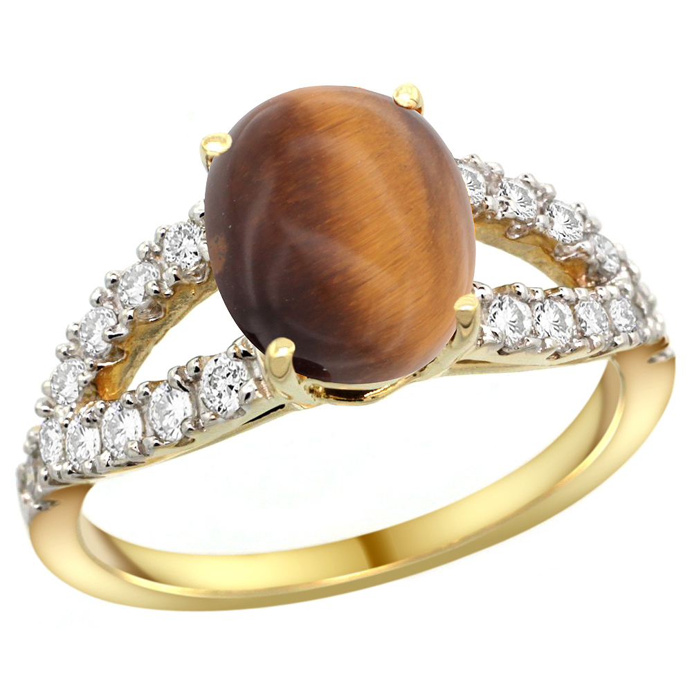 14k Yellow Gold Natural Tiger Eye Ring Oval 10x8mm Diamond Accent, 3/8inch wide, sizes 5 - 10