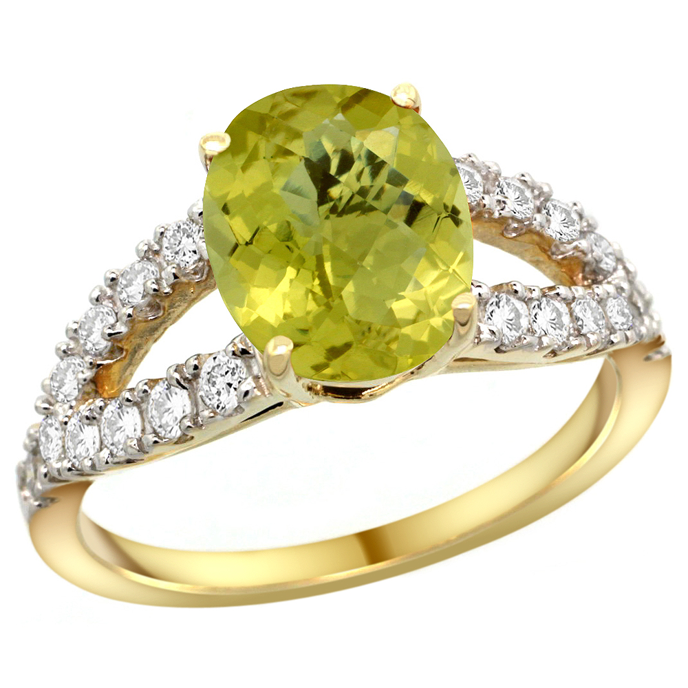 14k Yellow Gold Natural Lemon Quartz Ring Oval 10x8mm Diamond Accent, 3/8inch wide, sizes 5 - 10