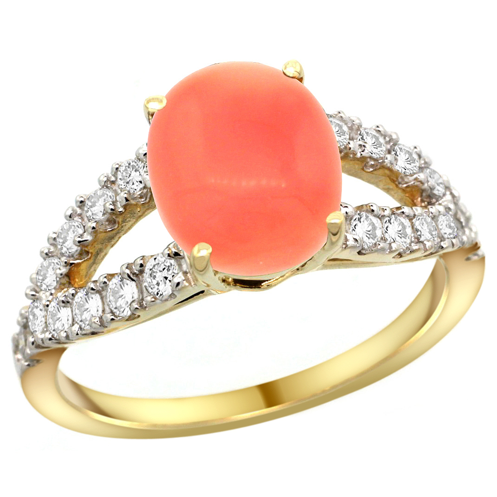 14k Yellow Gold Natural Coral Ring Oval 10x8mm Diamond Accent, 3/8inch wide, sizes 5 - 10