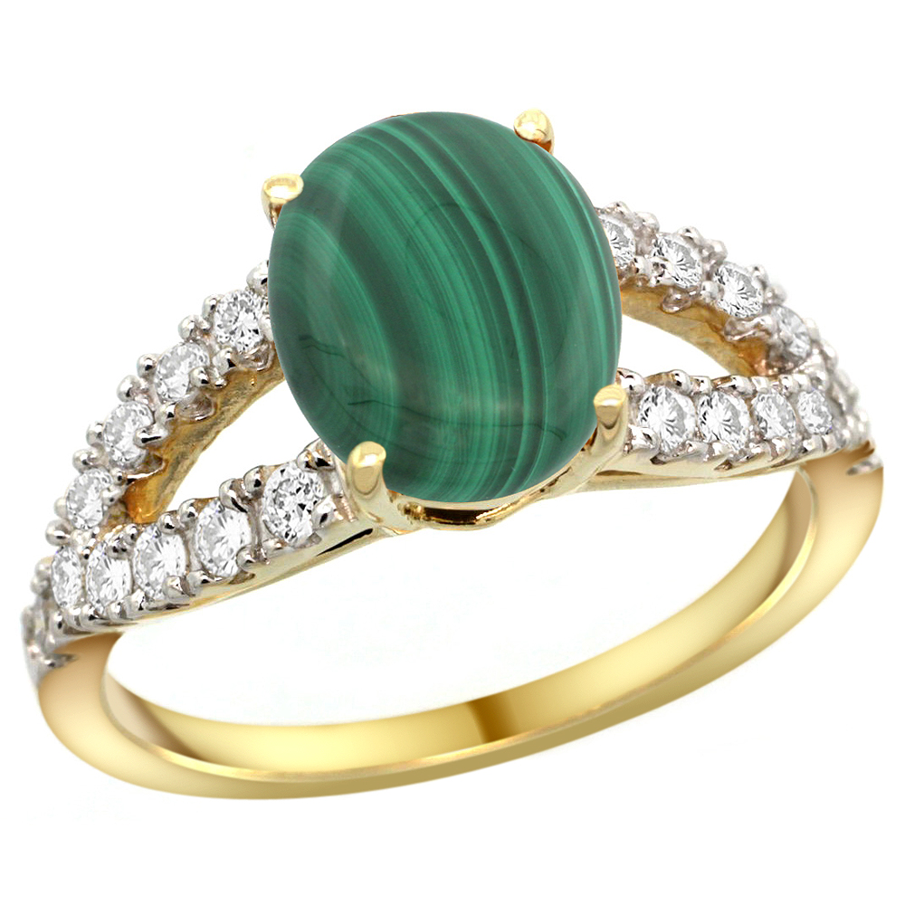 14k Yellow Gold Natural Malachite Ring Oval 10x8mm Diamond Accent, 3/8inch wide, sizes 5 - 10