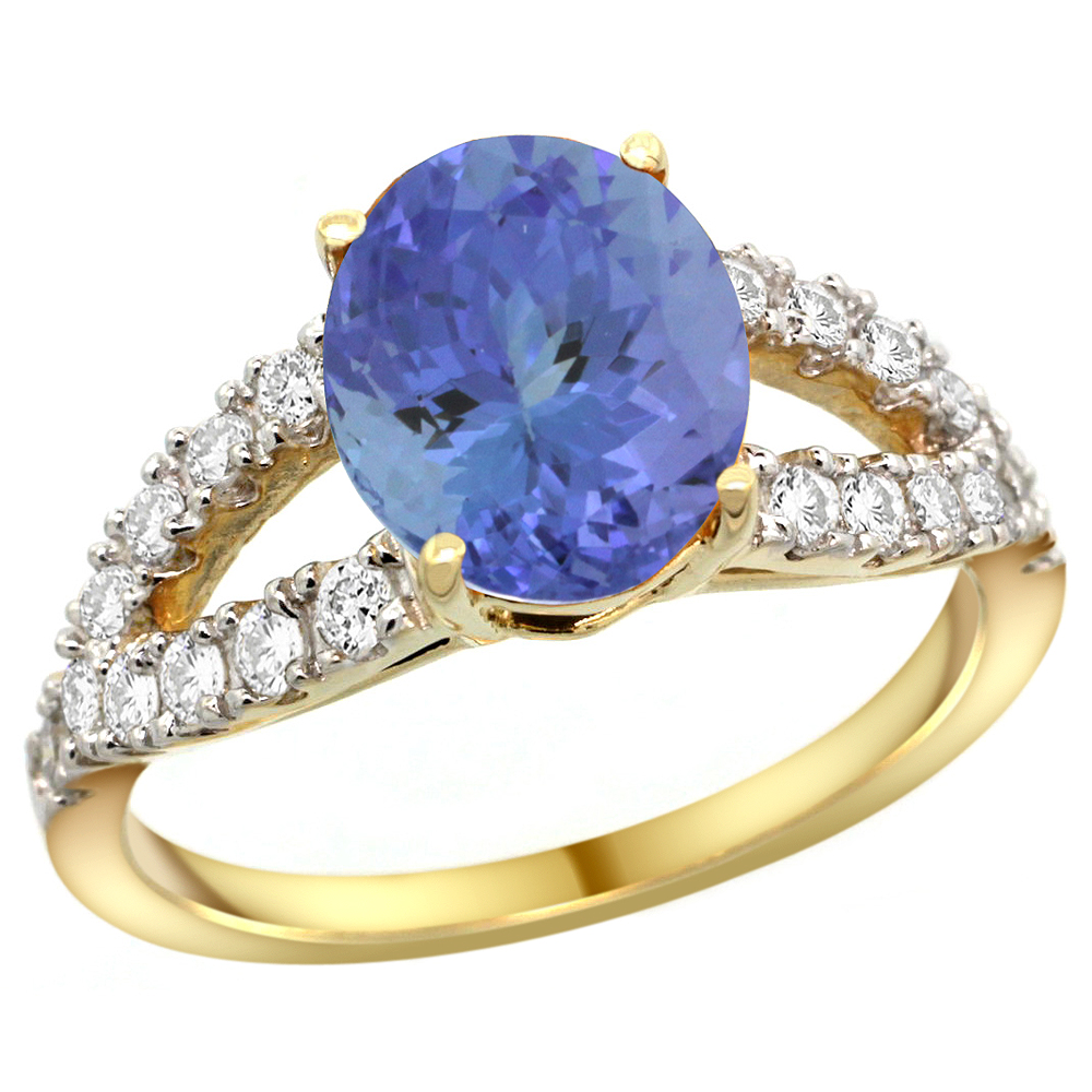 14k Yellow Gold Natural Tanzanite Ring Oval 10x8mm Diamond Accent, 3/8inch wide, sizes 5 - 10