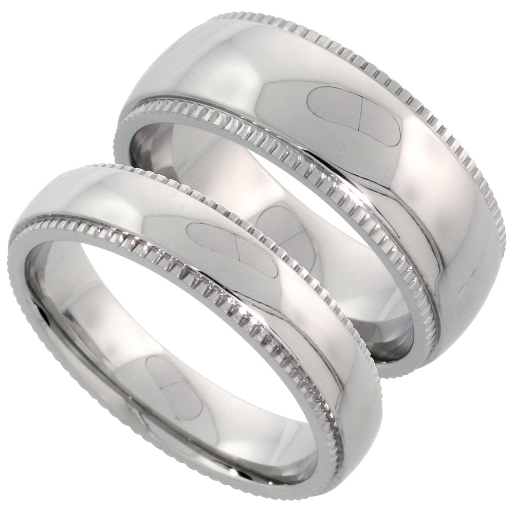 Stainless Steel His & Hers Milgrain Wedding Ring Set Domed 5 & 8 mm wide Comfort Fit, sizes 5 - 14