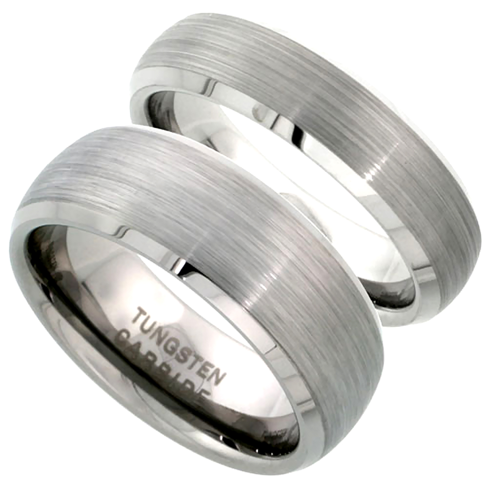 2-Ring Set 6 & 8 mm Tungsten 900 Wedding Ring for Him & Her Domed Brushed Finish Beveled Edges Comfort fit, sizes 9-13 & 5-9