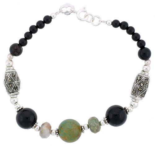 Natural Freshwater Pearls Marcasite Green Turquoise Onyx Bracelet Sterling Silver Findings, 7 inch
