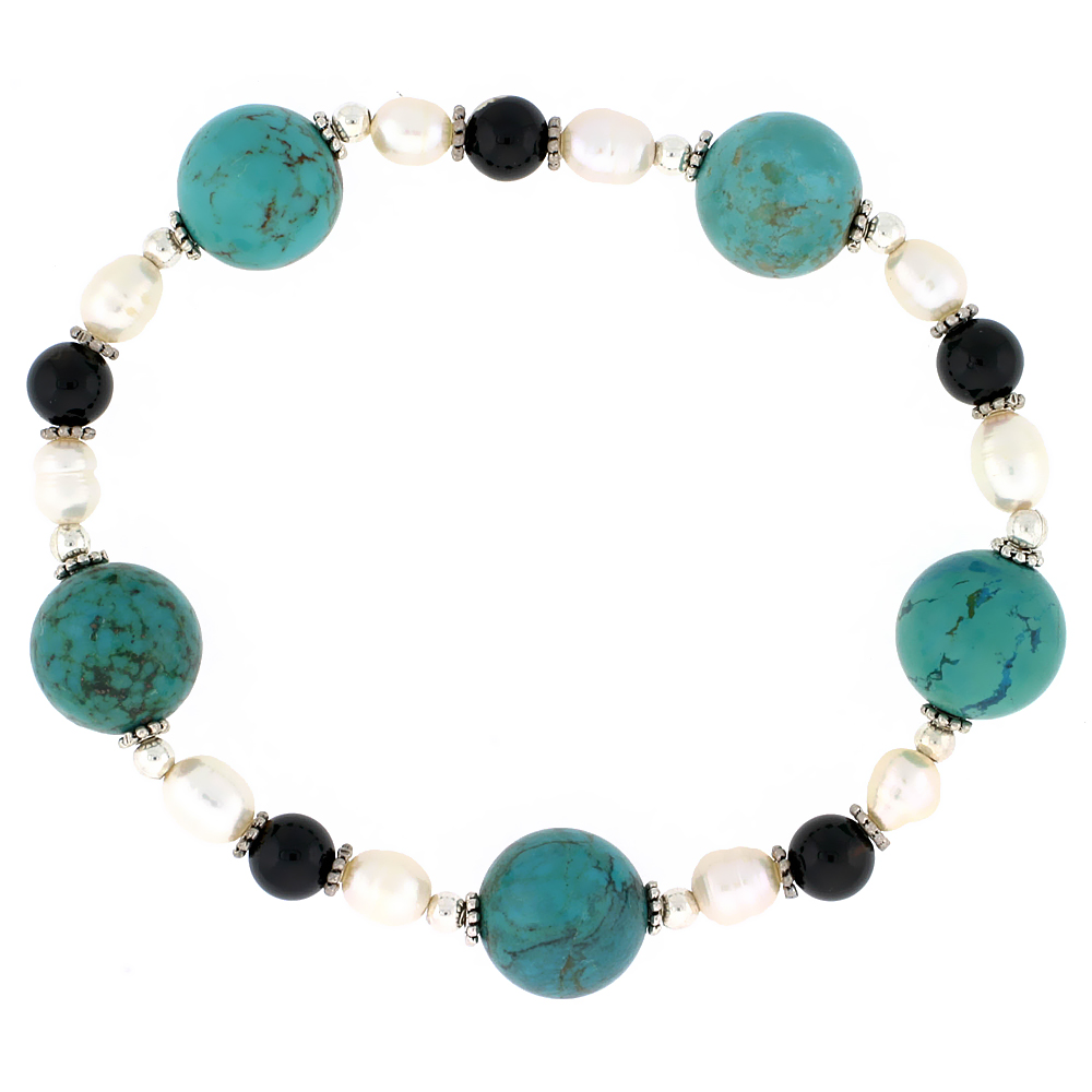 Natural Freshwater Pearls Green Turquoise Onyx Stretch Bracelet Sterling Silver Beads, 7 inch