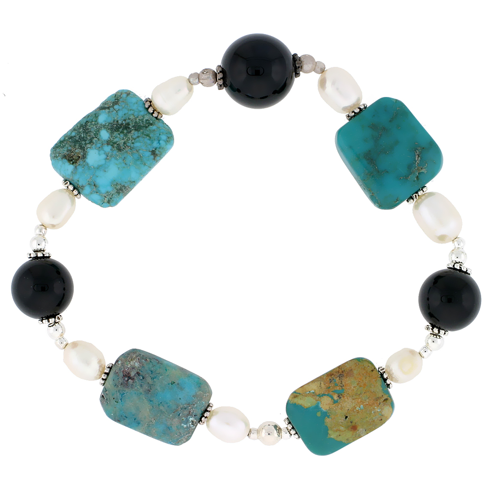 Natural Freshwater Pearls Turquoise Onyx Stretch Bracelet Sterling Silver Beads, 7 inch