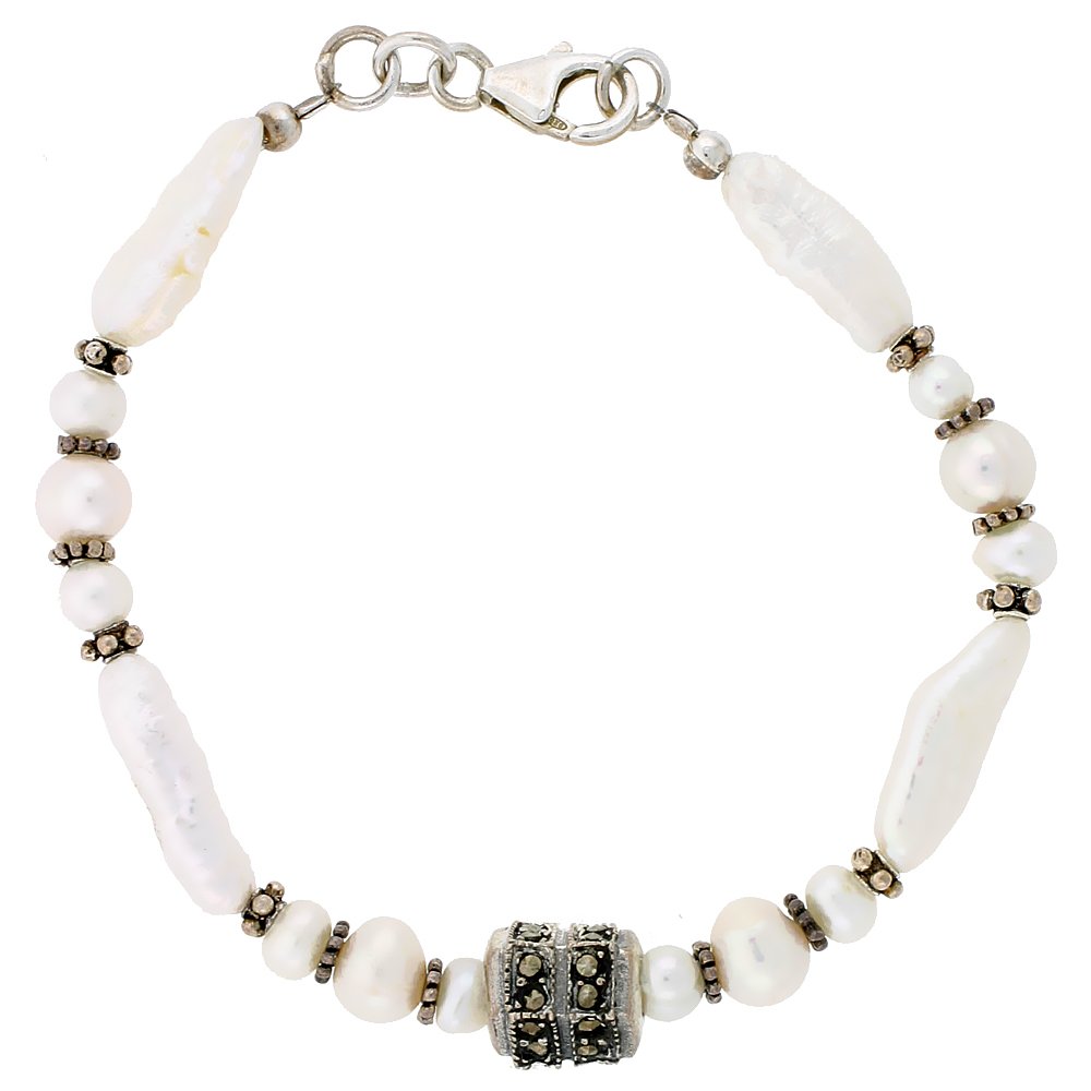 Freshwater Pearl & Marcasite Accents Bracelet Sterling Silver Findings, 7 inch