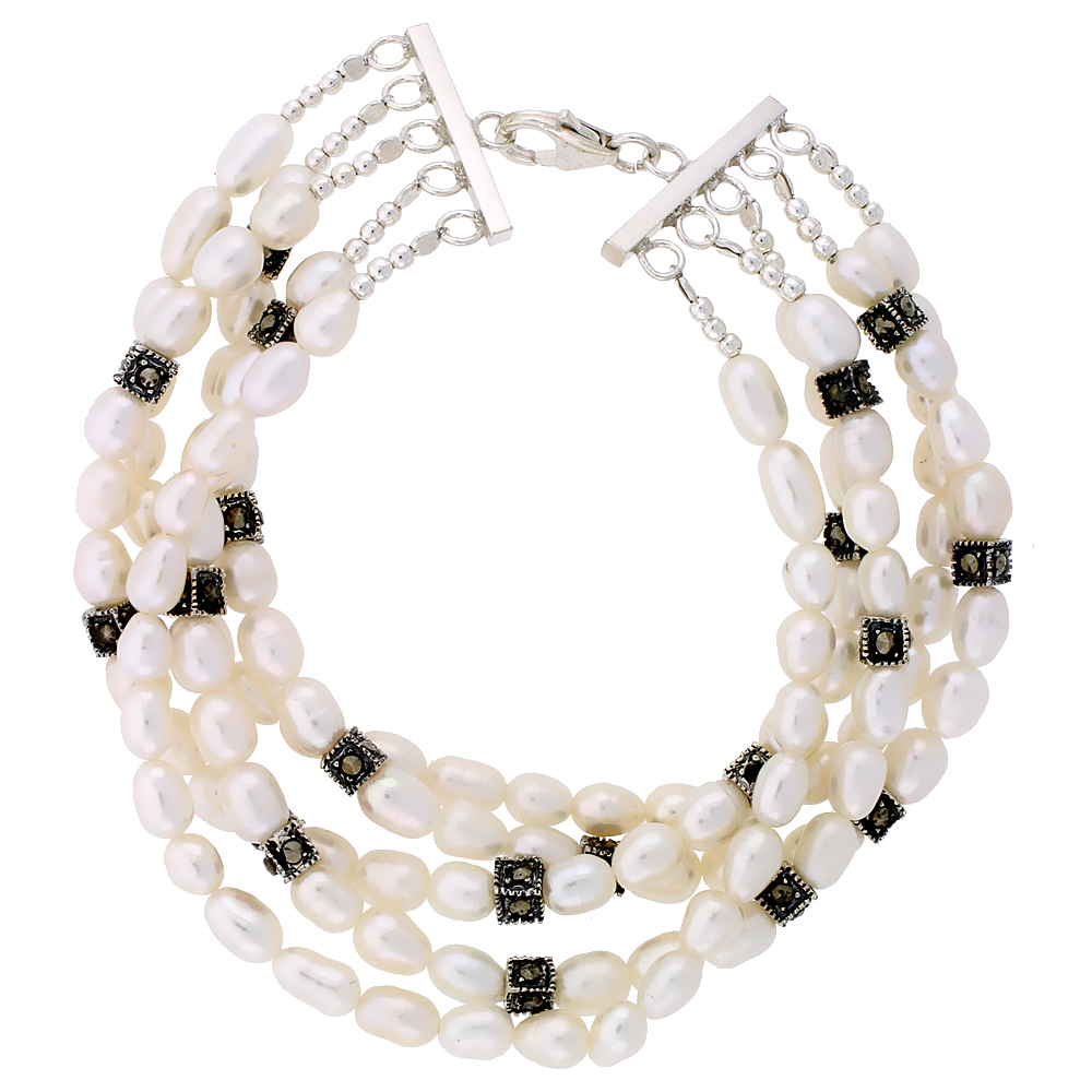 5-Strand Freshwater Pearl & Marcasite Accents Bracelet Sterling Silver Findings, 7 inch